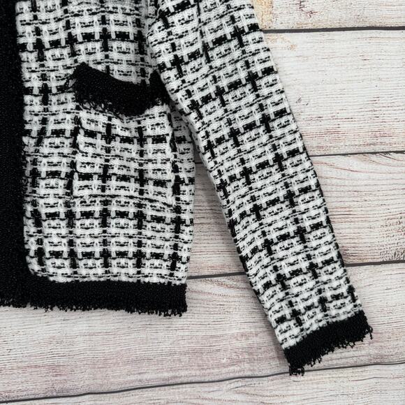 Zara Boucle Beaded Plaid Open Front Jacket Womens Small Black White Fringed NEW - Picture 6 of 11